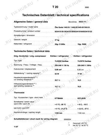 Взрыв-схема холодильника Aeg S1445-5 I - Схема узла Technical features